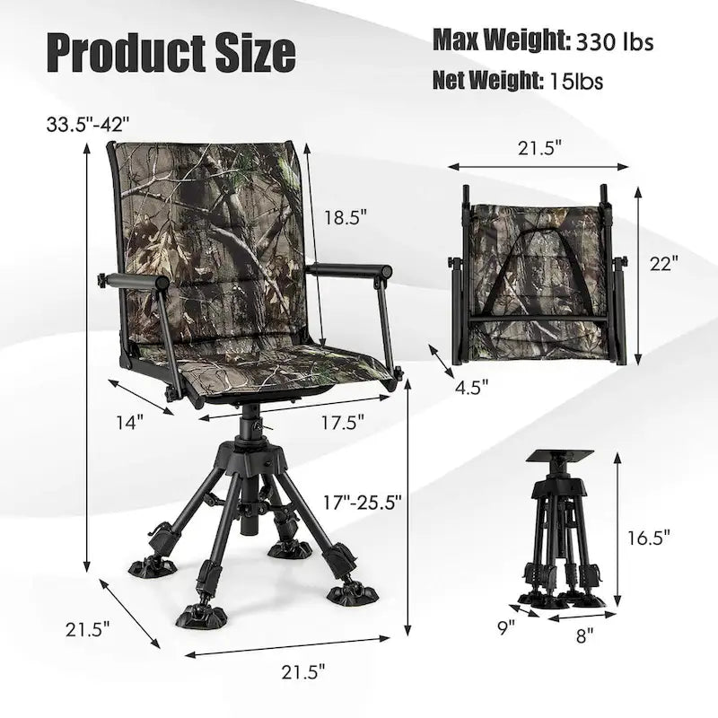 Chaise de Chasse Pivotante Goplus avec 4 Pieds Réglables à 360° Pliable Silencieuse - Voir les Détails