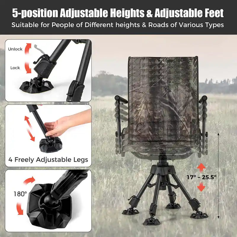 Chaise de Chasse Pivotante Goplus avec 4 Pieds Réglables à 360° Pliable Silencieuse - Voir les Détails