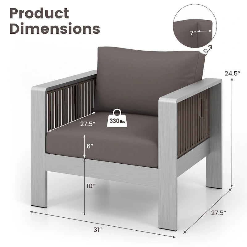 Fauteuil de patio en aluminium avec coussins épais pour le confort – 31L x 27,5W x 24,5H