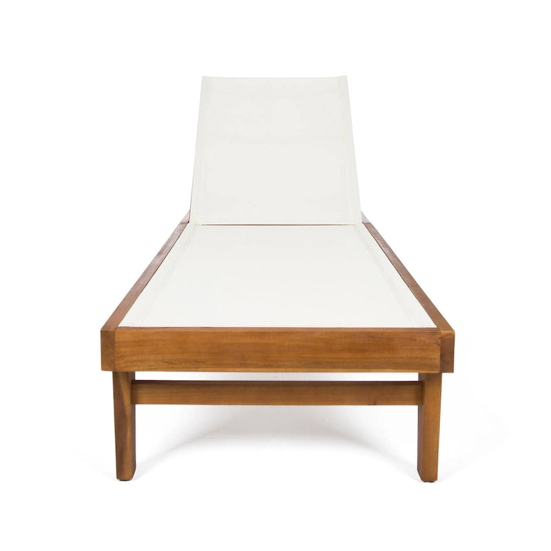 Chaise longue d'extérieur Liam, assise ergonomique en maille blanche, bois d'acacia marron