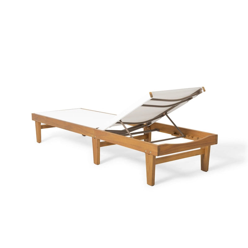 Chaise longue d'extérieur Liam, assise ergonomique en maille blanche, bois d'acacia marron