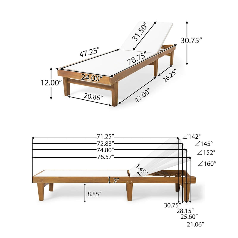 Chaise longue d'extérieur Liam, assise ergonomique en maille blanche, bois d'acacia marron