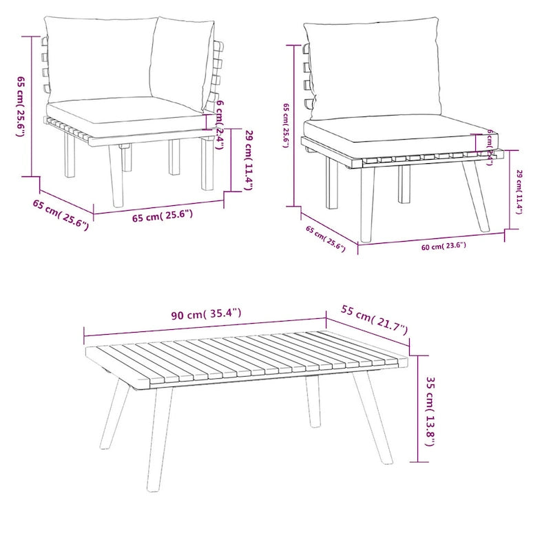 Ensemble de canapé modulaire d'extérieur et table basse Roma 4 pièces, bois massif, gris