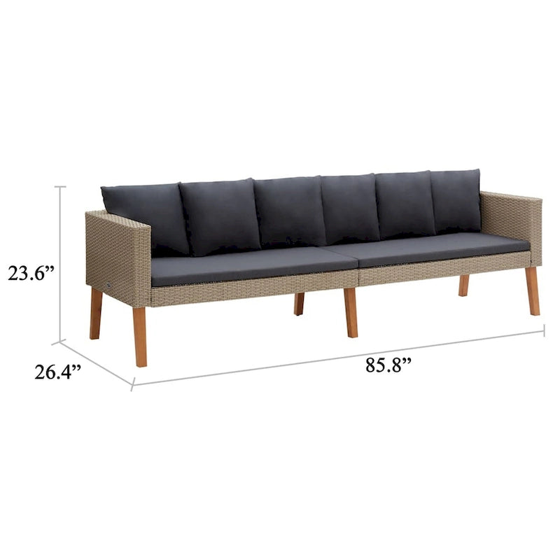 Canapé de patio 3 places d'extérieur, en rotin synthétique beige de 218 cm, coussins gris