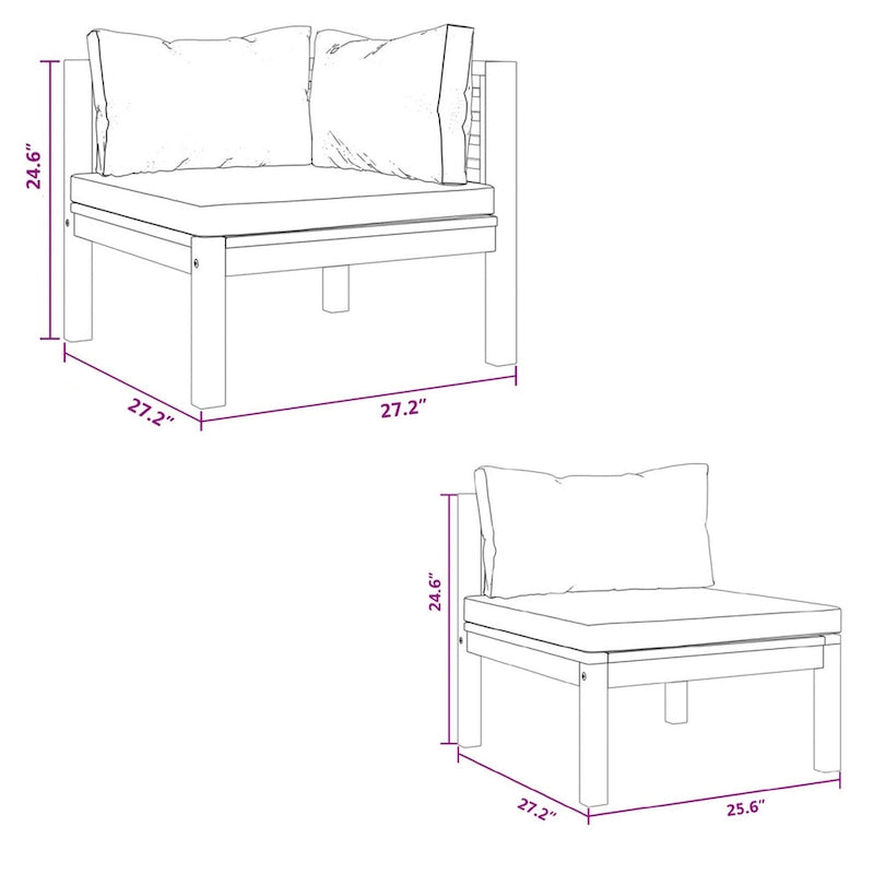Canapé modulable d'extérieur, 4 places, bois d'acacia massif marron, coussins gris