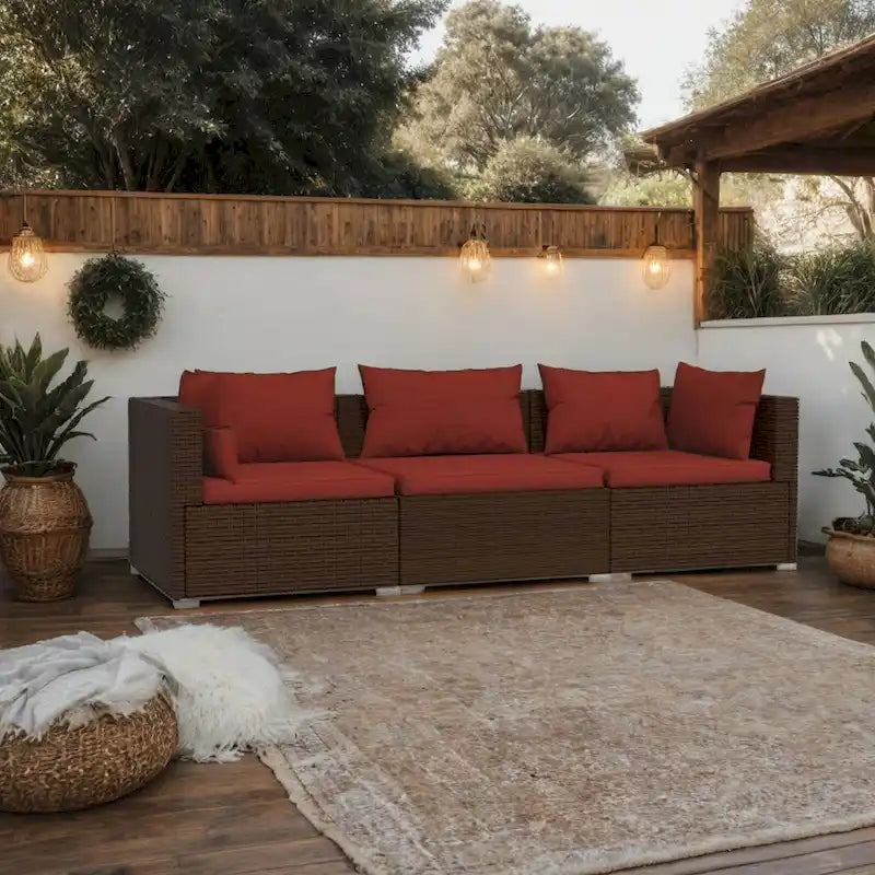Faye, ensemble de canapés modulaires d'extérieur 3 pièces, 3 coussins, brun-rouge