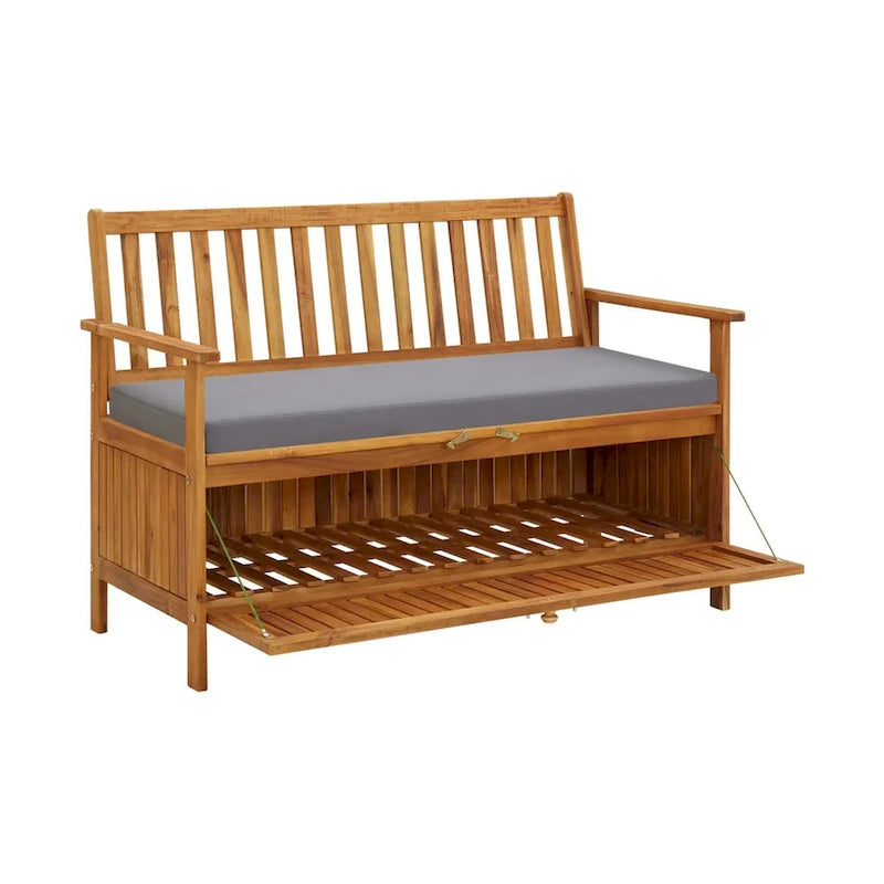 Banc de rangement d'extérieur, bois d'acacia massif marron, tissu gris, 120 cm