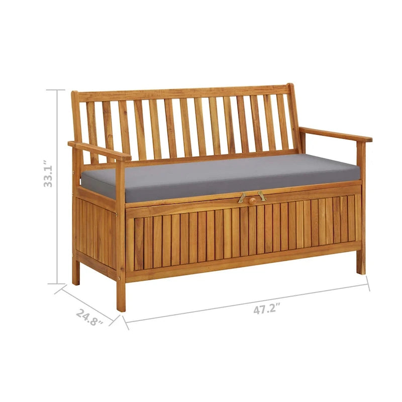 Banc de rangement d'extérieur, bois d'acacia massif marron, tissu gris, 120 cm