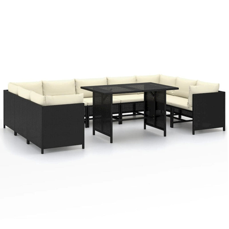 Ensemble de canapé d'extérieur 10 pièces, coussins blancs, 9 fauteuils modulables, table, noir