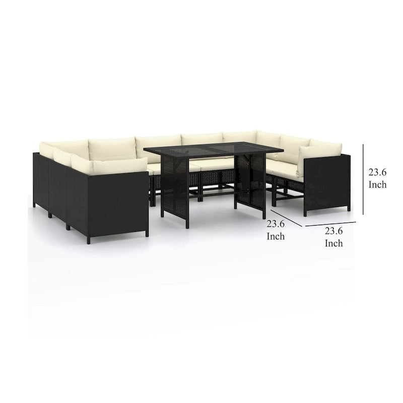 Ensemble de canapé d'extérieur 10 pièces, coussins blancs, 9 fauteuils modulables, table, noir