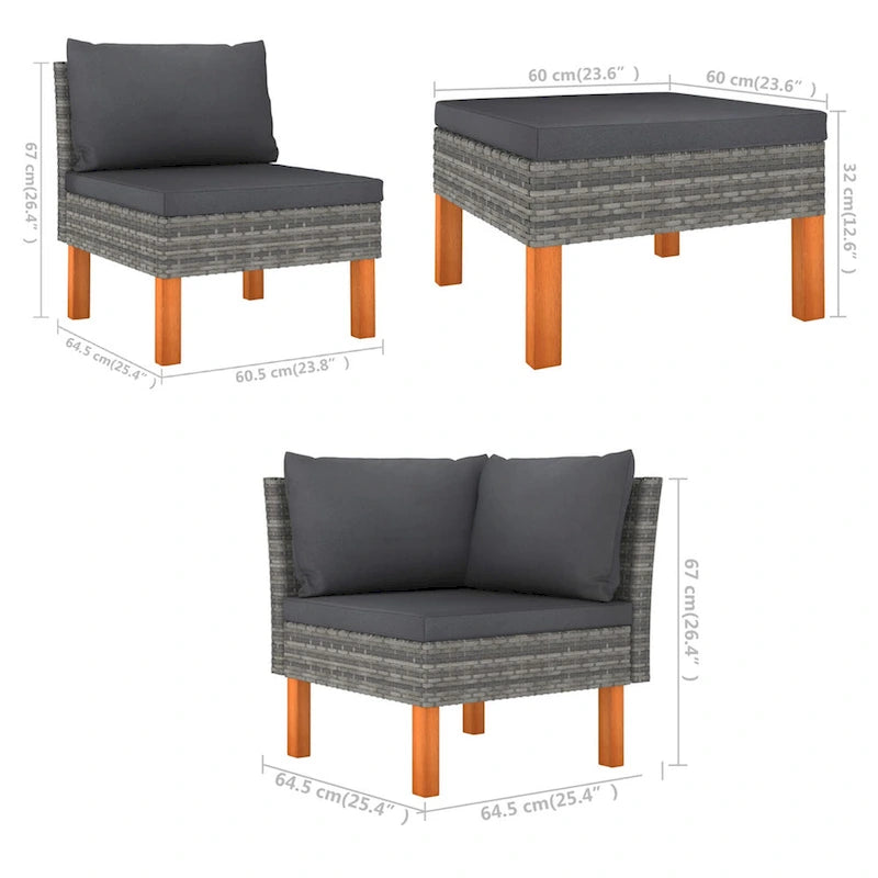 Feno Ensemble de Salon d'extérieur Modulable 6 Pièces, Canapé en L, 3 Poufs, Rotin Gris Foncé