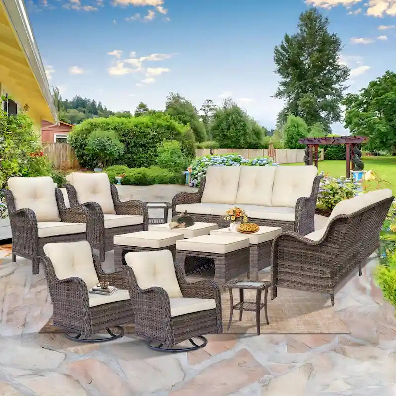 Rattan Wicker Outdoor Patio Furniture Sofa Set with Swivel Rocker Chairs
