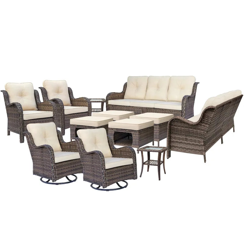 Salon de jardin en rotin et osier avec fauteuils à bascule pivotants