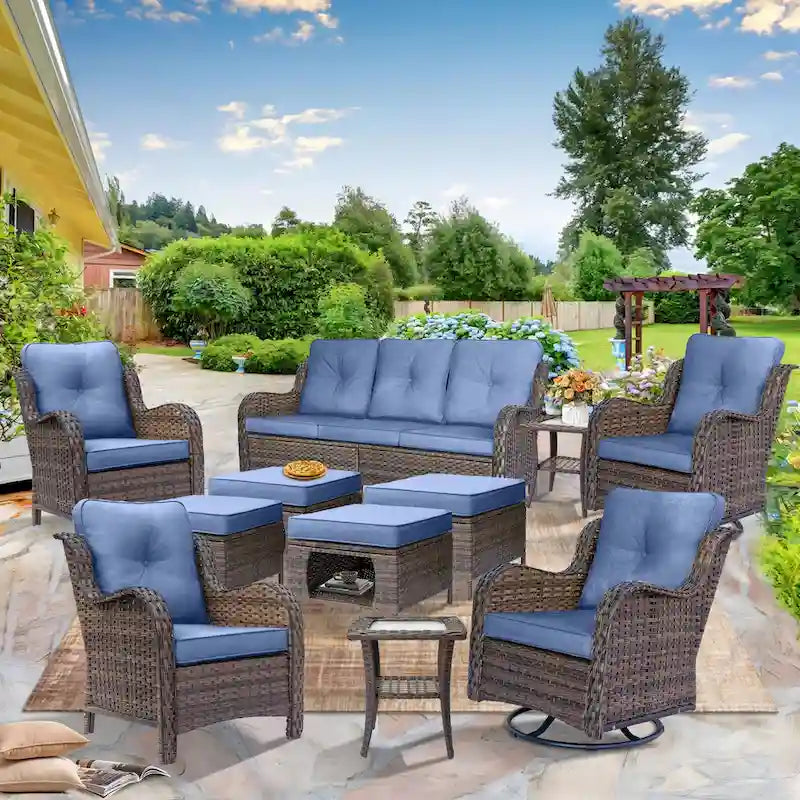 Salon de jardin en rotin et osier avec fauteuils à bascule pivotants