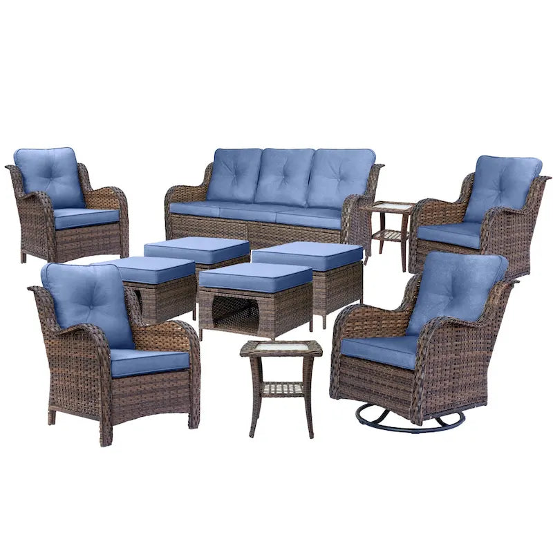 Salon de jardin en rotin et osier avec fauteuils à bascule pivotants