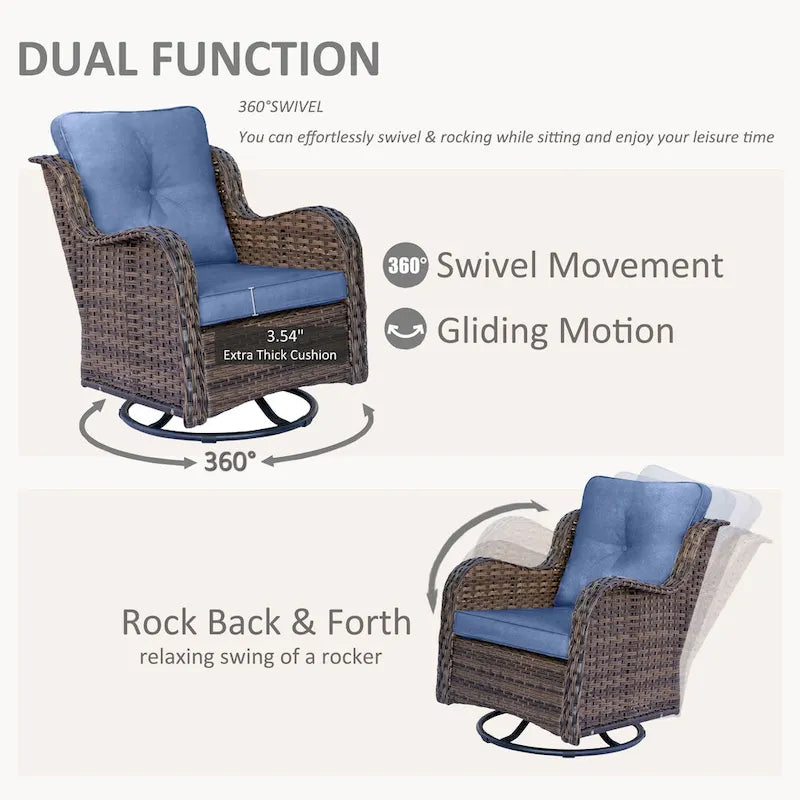 Salon de jardin en rotin et osier avec fauteuils à bascule pivotants