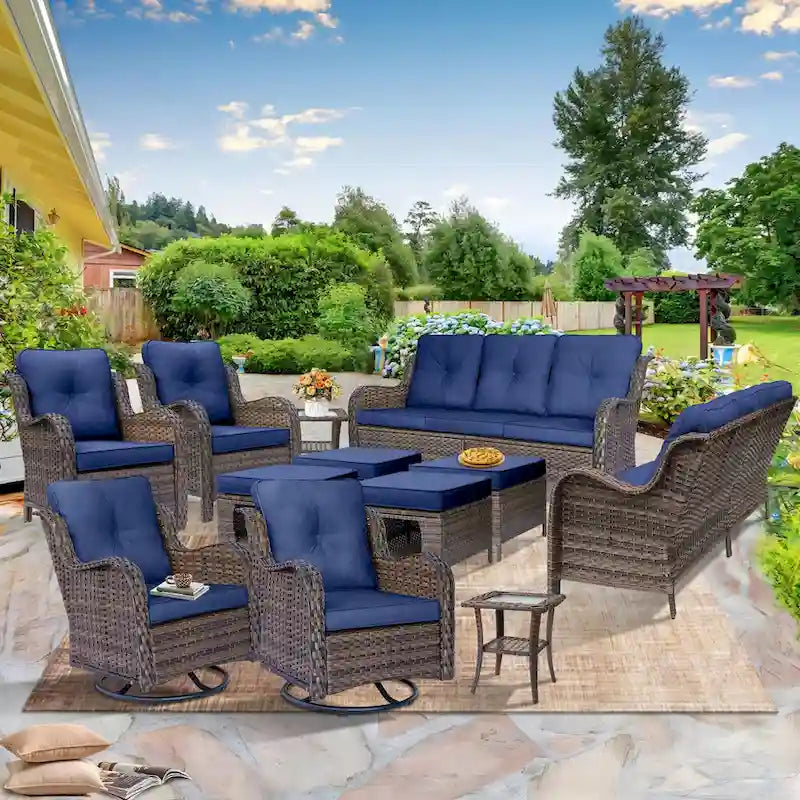 Salon de jardin en rotin et osier avec fauteuils à bascule pivotants