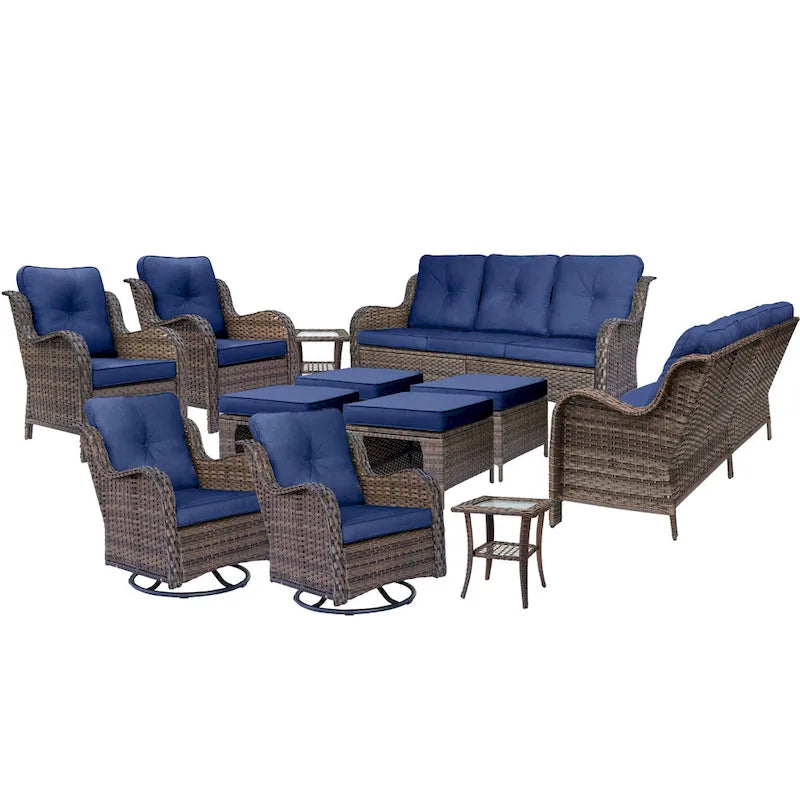 Salon de jardin en rotin et osier avec fauteuils à bascule pivotants