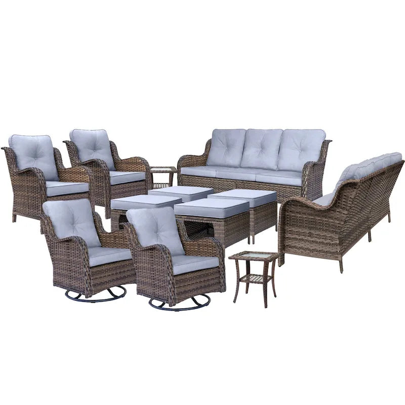 Salon de jardin en rotin et osier avec fauteuils à bascule pivotants