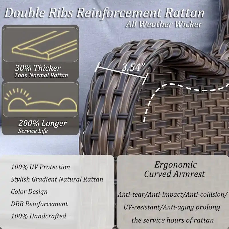 Salon de jardin en rotin et osier avec fauteuils à bascule pivotants