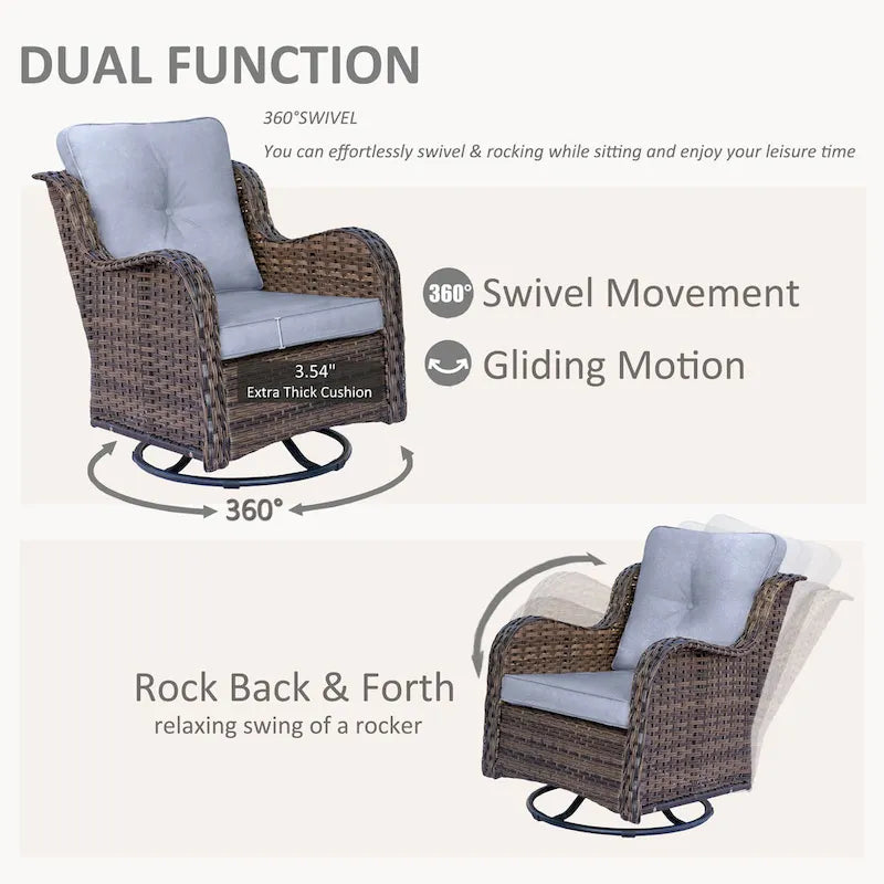 Salon de jardin en rotin et osier avec fauteuils à bascule pivotants