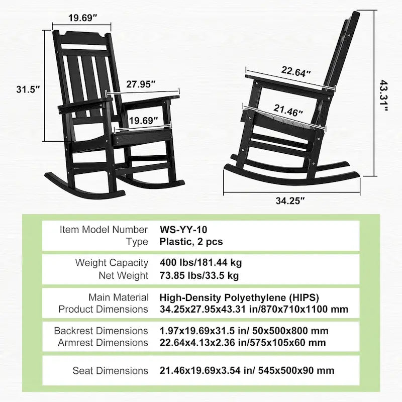 Chaise à bascule de véranda, Fauteuil à bascule d'extérieur HIPS, Fauteuil à bascule de patio à dossier haut avec accoudoirs lisses - 50 cm