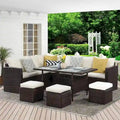 Ensemble de mobilier de patio 7 pièces, ensemble de canapé sectionnel d'extérieur, ensemble de conversation en rotin toutes saisons avec table à manger haute et pouf