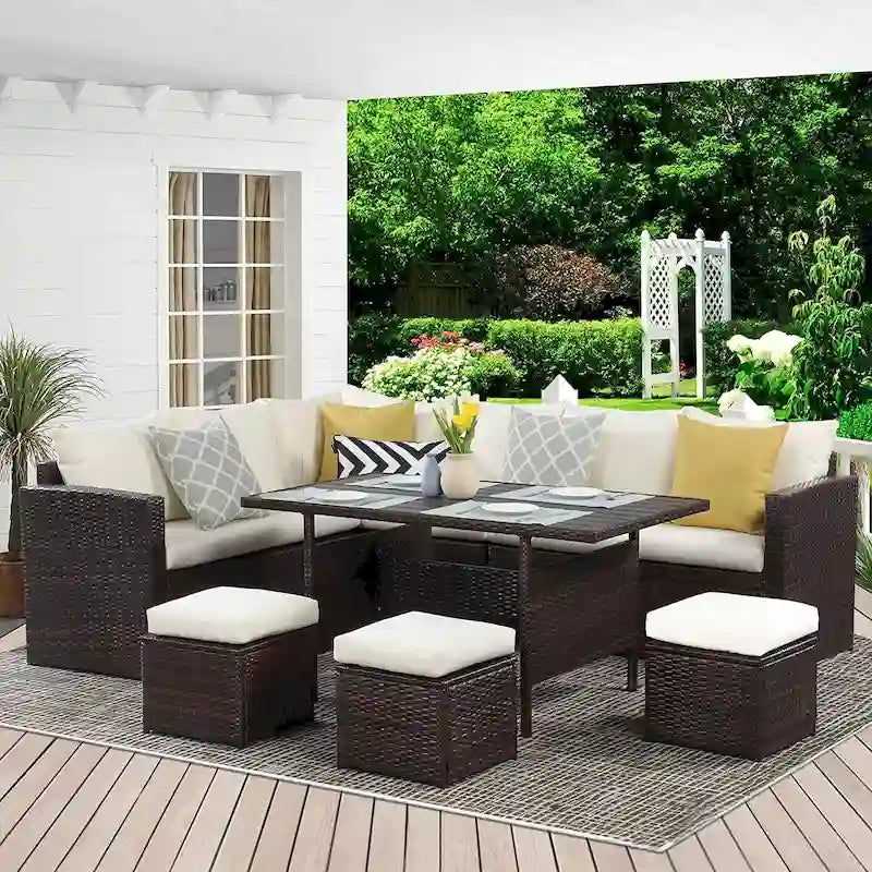 Ensemble de mobilier de patio 7 pièces, ensemble de canapé sectionnel d'extérieur, ensemble de conversation en rotin toutes saisons avec table à manger haute et pouf