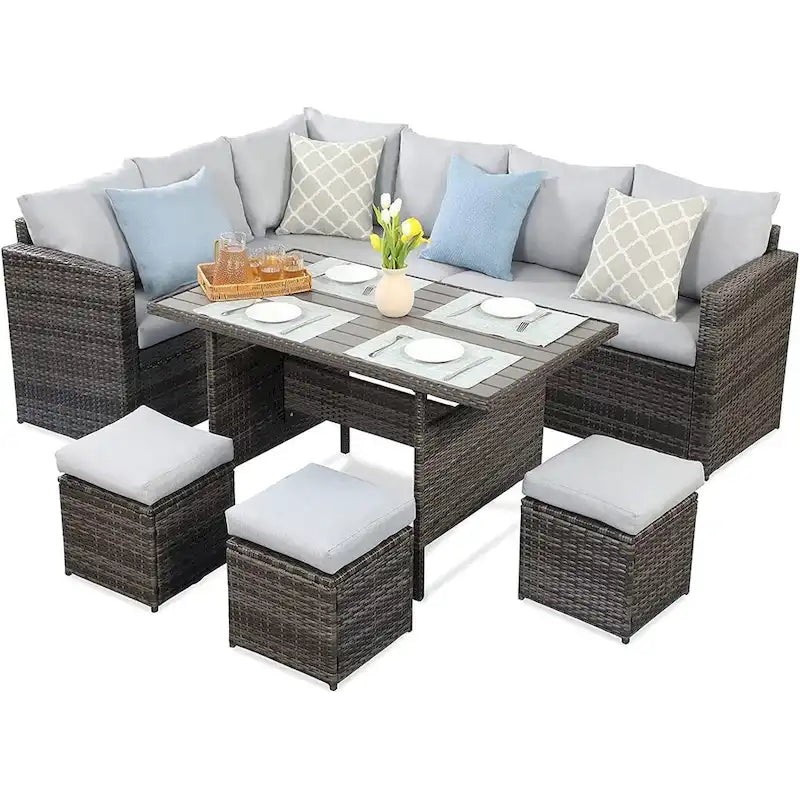 Ensemble de mobilier de patio 7 pièces, ensemble de canapé sectionnel d'extérieur, ensemble de conversation en rotin toutes saisons avec table à manger haute et pouf
