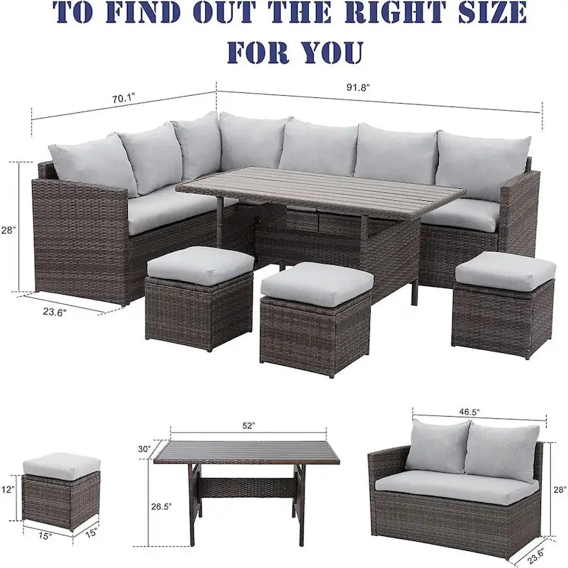 Ensemble de mobilier de patio 7 pièces, ensemble de canapé sectionnel d'extérieur, ensemble de conversation en rotin toutes saisons avec table à manger haute et pouf