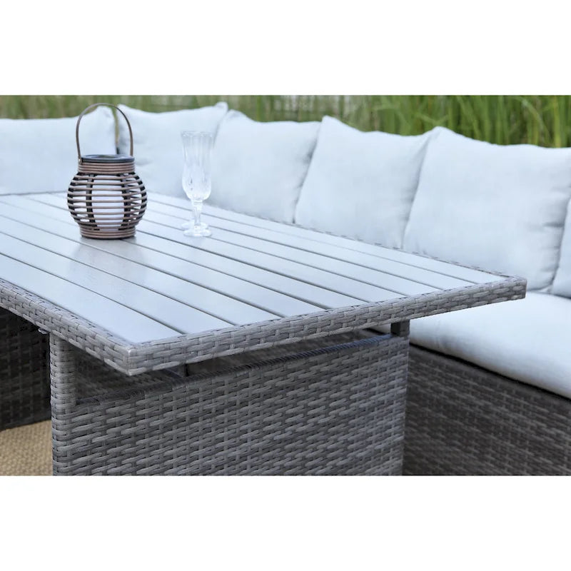 Ensemble de mobilier de patio 7 pièces, ensemble de canapé sectionnel d'extérieur, ensemble de conversation en rotin toutes saisons avec table à manger haute et pouf
