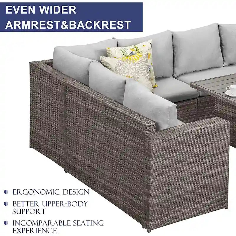 Ensemble de mobilier de patio 7 pièces, ensemble de canapé sectionnel d'extérieur, ensemble de conversation en rotin toutes saisons avec table à manger haute et pouf