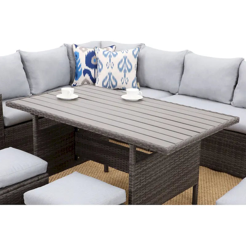 Ensemble de mobilier de patio 7 pièces, ensemble de canapé sectionnel d'extérieur, ensemble de conversation en rotin toutes saisons avec table à manger haute et pouf