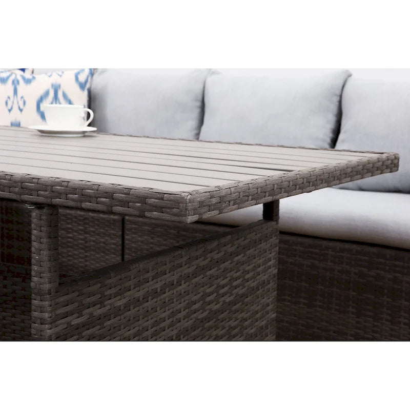 Ensemble de mobilier de patio 7 pièces, ensemble de canapé sectionnel d'extérieur, ensemble de conversation en rotin toutes saisons avec table à manger haute et pouf