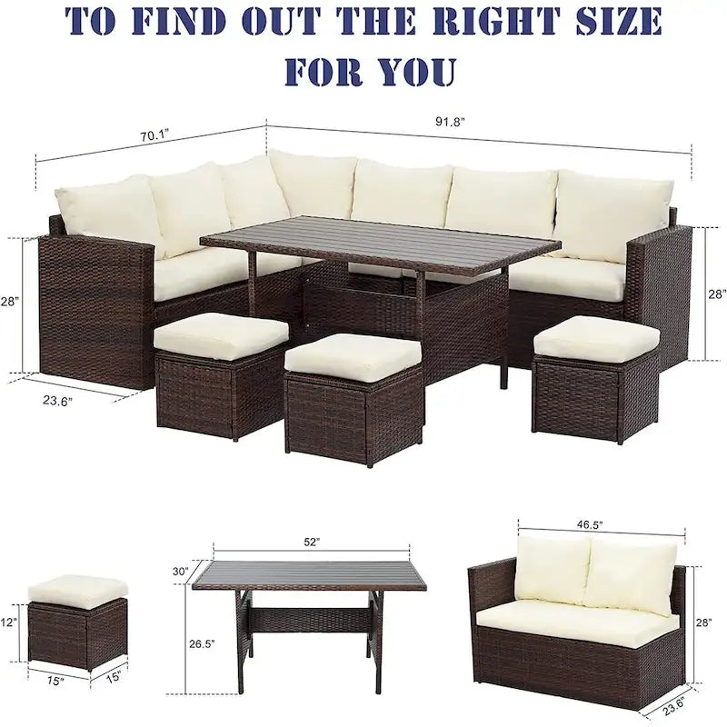 Ensemble de mobilier de patio 7 pièces, ensemble de canapé sectionnel d'extérieur, ensemble de conversation en rotin toutes saisons avec table à manger haute et pouf