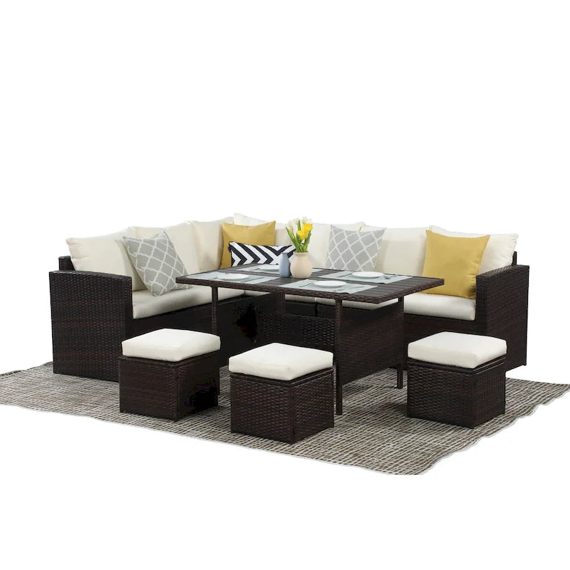 Ensemble de mobilier de patio 7 pièces, ensemble de canapé sectionnel d'extérieur, ensemble de conversation en rotin toutes saisons avec table à manger haute et pouf