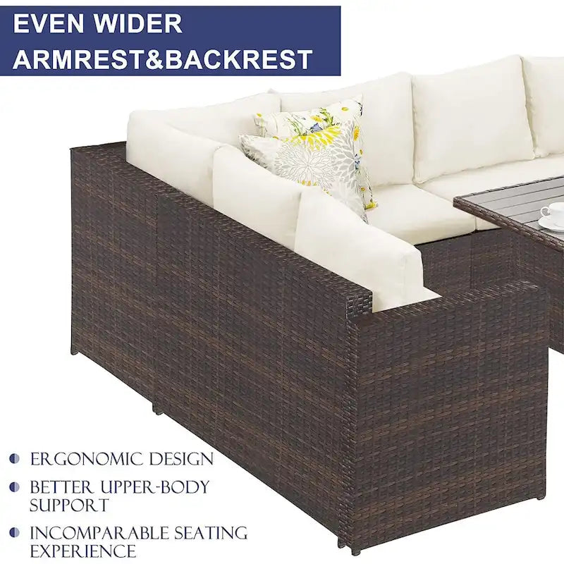 Ensemble de mobilier de patio 7 pièces, ensemble de canapé sectionnel d'extérieur, ensemble de conversation en rotin toutes saisons avec table à manger haute et pouf