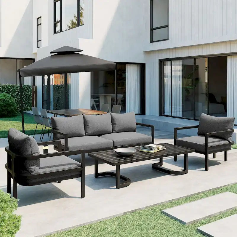 Ensemble de meubles de patio, 5 pièces, canapé d'extérieur en acier, ensemble de conversation tout temps avec table basse et 2 chaises individuelles