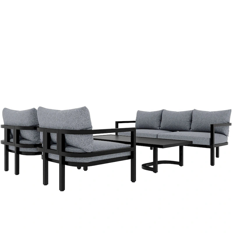Ensemble de meubles de patio, 5 pièces, canapé d'extérieur en acier, ensemble de conversation tout temps avec table basse et 2 chaises individuelles