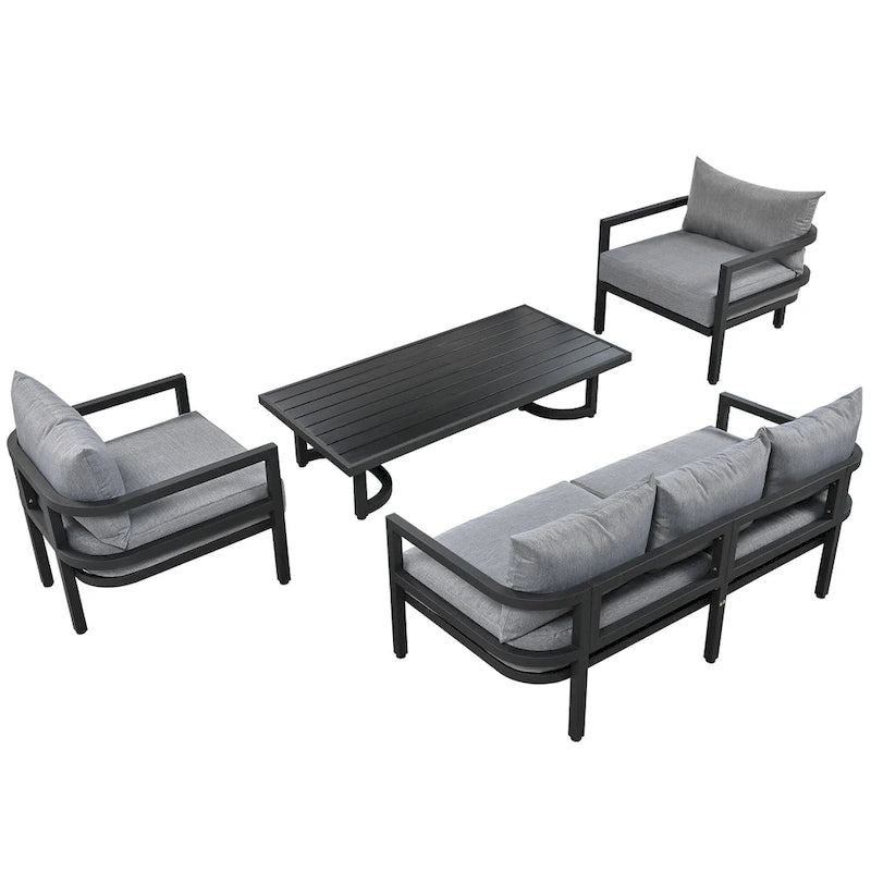 Ensemble de meubles de patio, 5 pièces, canapé d'extérieur en acier, ensemble de conversation tout temps avec table basse et 2 chaises individuelles