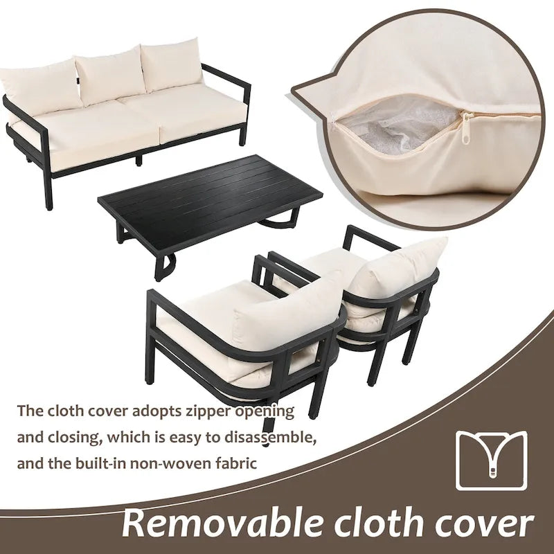 Ensemble de meubles de patio, 5 pièces, canapé d'extérieur en acier, ensemble de conversation tout temps avec table basse et 2 chaises individuelles