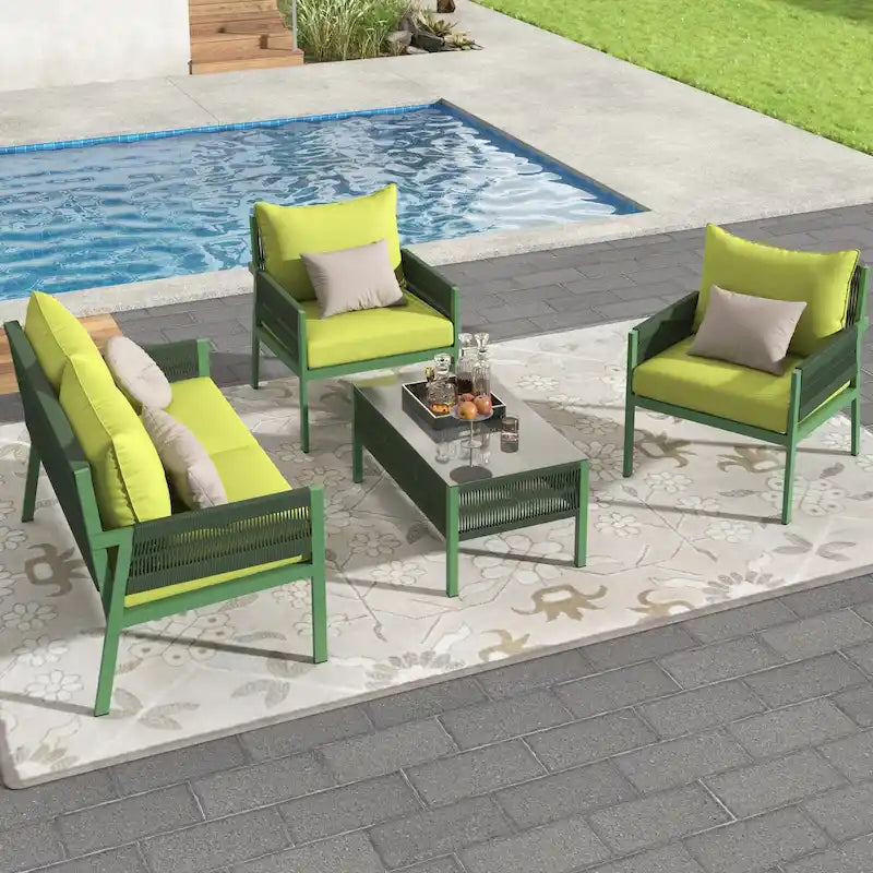 Ensemble de mobilier de patio 4 pièces, ensemble de conversation de jardin extérieur avec table en verre trempé, sièges profonds et coussins épais