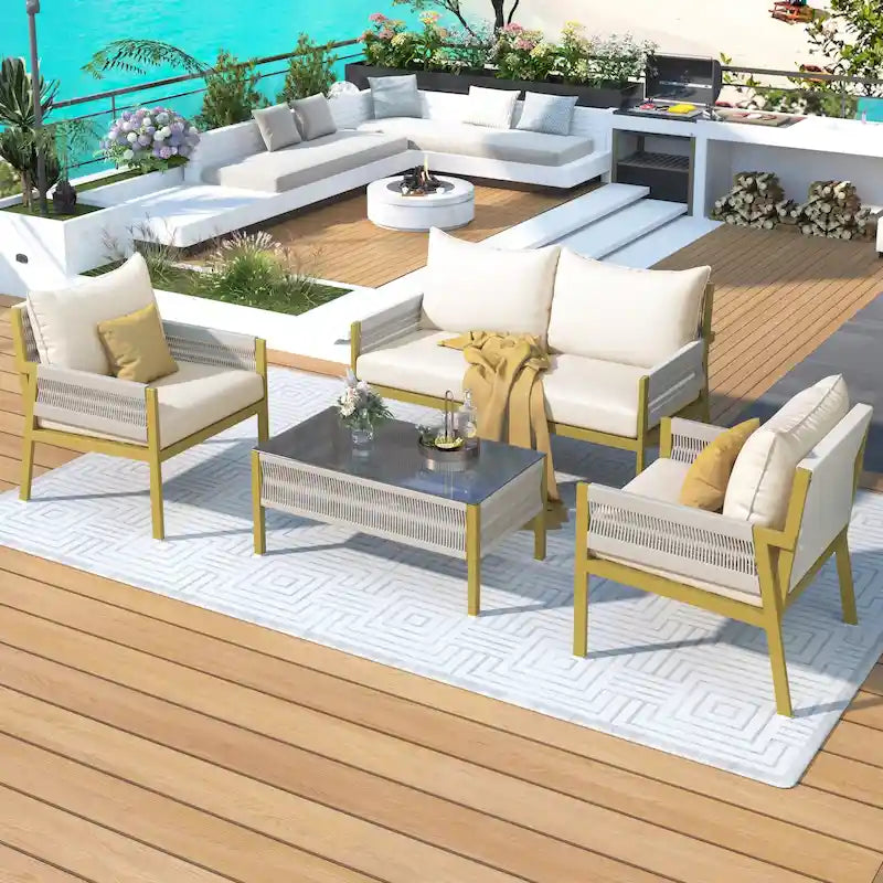 Ensemble de mobilier de patio 4 pièces, ensemble de conversation de jardin extérieur avec table en verre trempé, sièges profonds et coussins épais