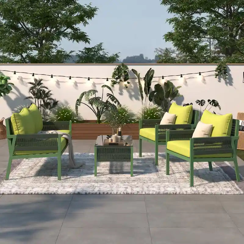 Ensemble de mobilier de patio 4 pièces, ensemble de conversation de jardin extérieur avec table en verre trempé, sièges profonds et coussins épais