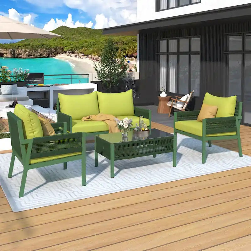 Ensemble de mobilier de patio 4 pièces, ensemble de conversation de jardin extérieur avec table en verre trempé, sièges profonds et coussins épais
