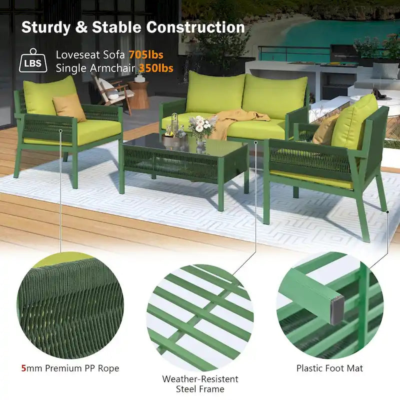 Ensemble de mobilier de patio 4 pièces, ensemble de conversation de jardin extérieur avec table en verre trempé, sièges profonds et coussins épais