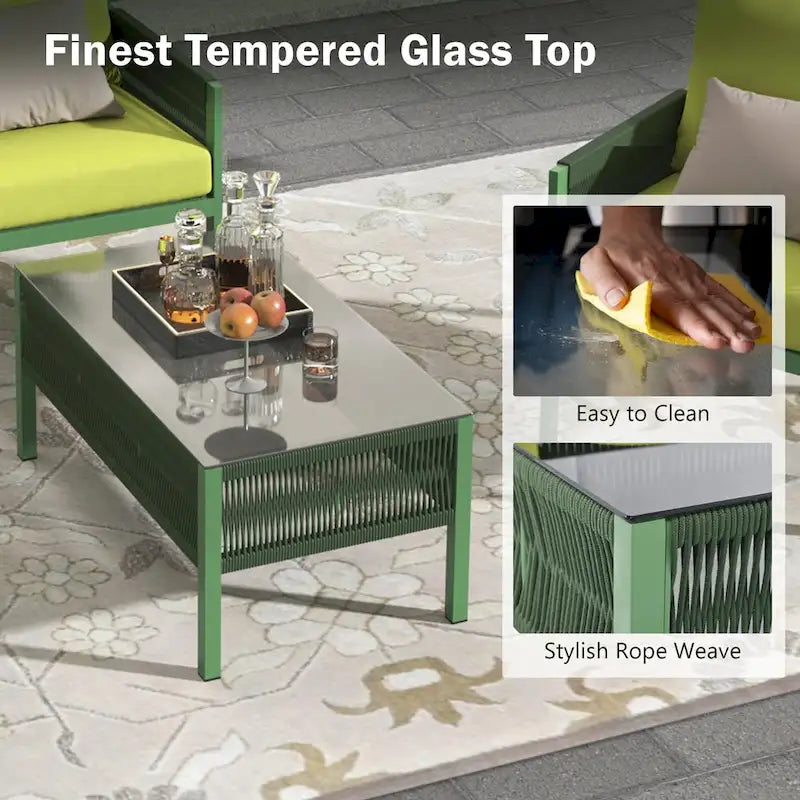 Ensemble de mobilier de patio 4 pièces, ensemble de conversation de jardin extérieur avec table en verre trempé, sièges profonds et coussins épais