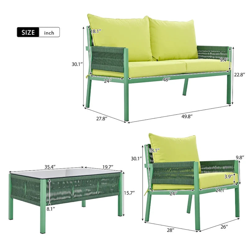 Ensemble de mobilier de patio 4 pièces, ensemble de conversation de jardin extérieur avec table en verre trempé, sièges profonds et coussins épais