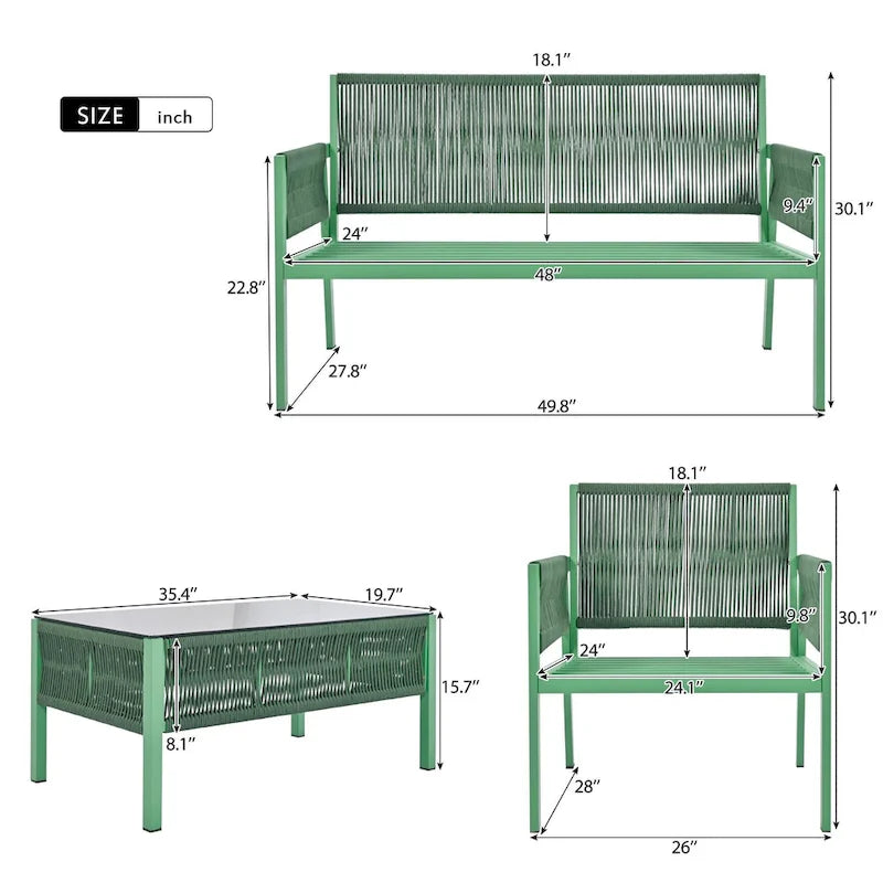 Ensemble de mobilier de patio 4 pièces, ensemble de conversation de jardin extérieur avec table en verre trempé, sièges profonds et coussins épais