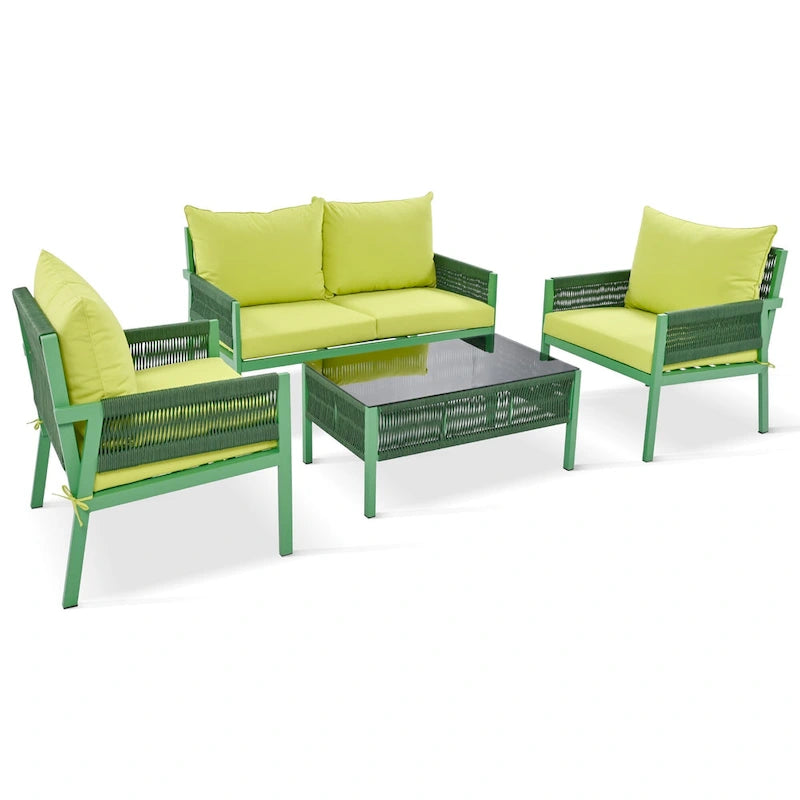 Ensemble de mobilier de patio 4 pièces, ensemble de conversation de jardin extérieur avec table en verre trempé, sièges profonds et coussins épais